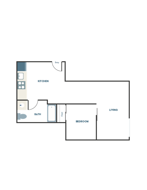 A floor plan of a house with a kitchen, bathroom, and living room.